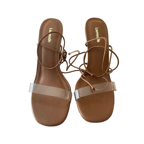 Larroude Gloria Heels Sandals Leather Vinyl Tie Ankle Straps Caramel Size 7.5 - Picture 4 of 9